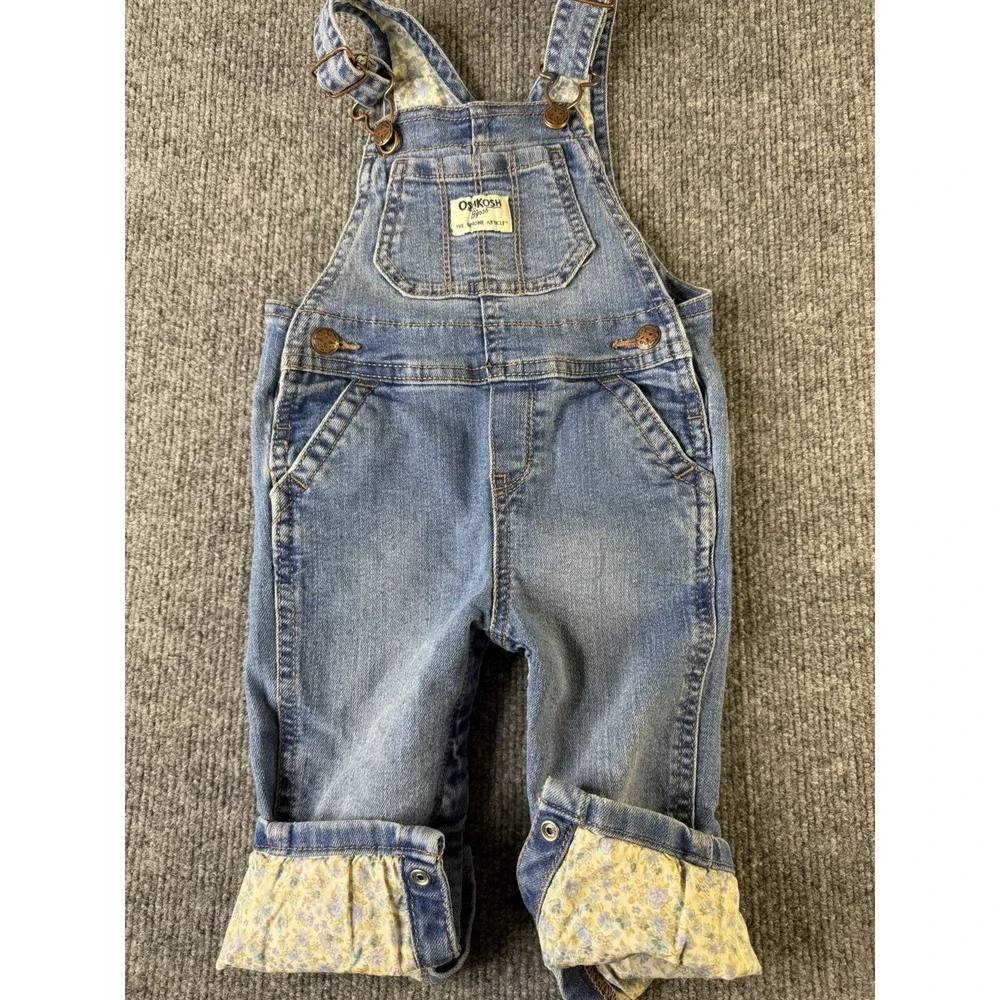 OshKosh B'gosh Baby Denim Overalls 12M Blue Snap Leg Floral‎ Cuff - Picture 3 of 10